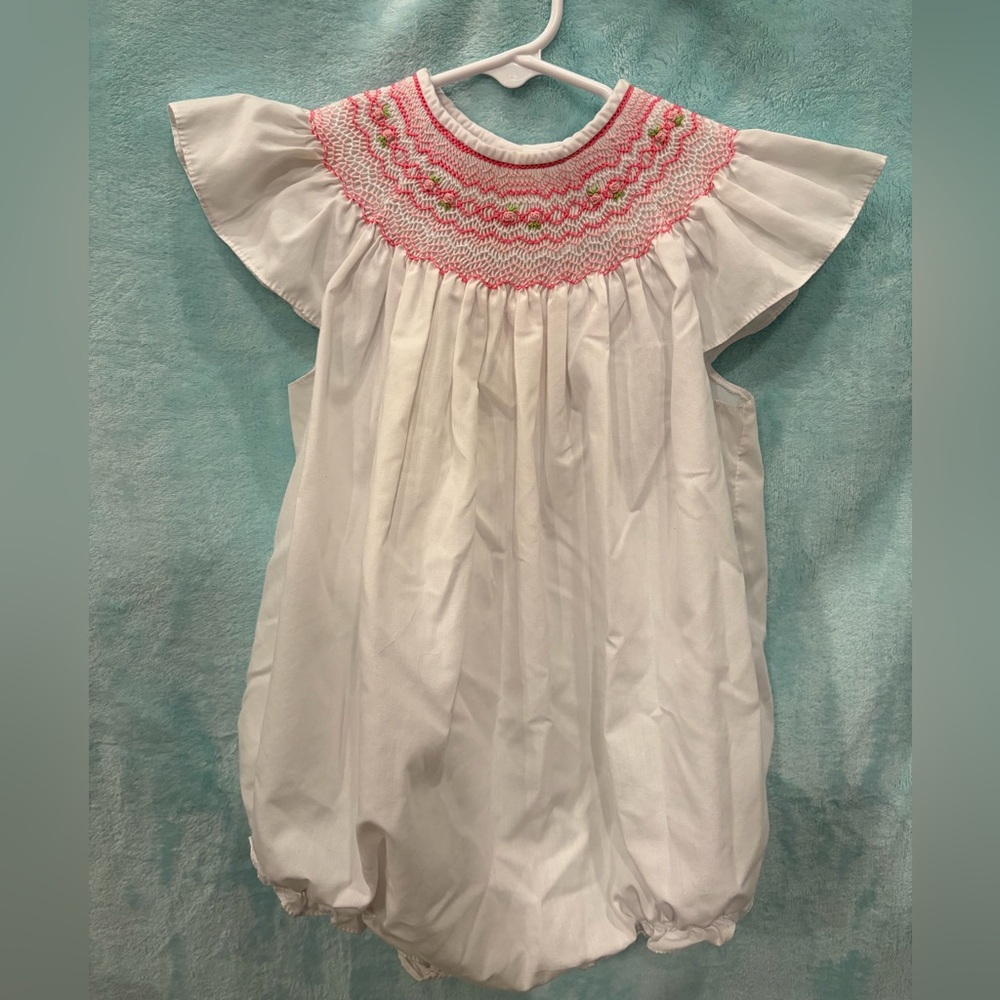 Rosalina Collections 24M White Smocked Baby Bubble with Pink & Green Detail
